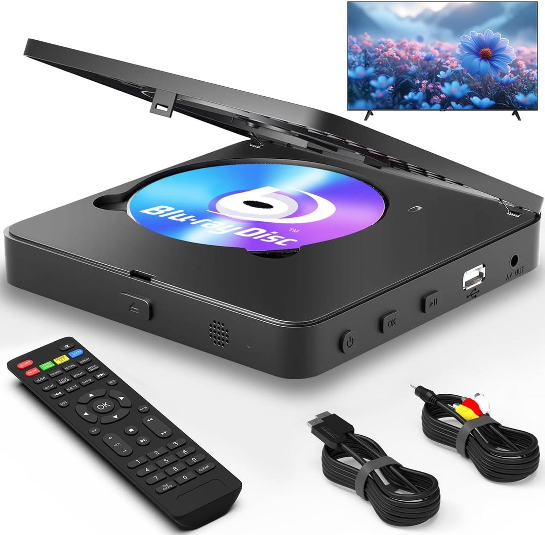 Blu Ray Player 1080P Bluray Disc Player for Home Cinema, Dolby Audio/DTS, Plays All DVDs and Region A 1 Blu Rays, Supports 128GB USB Stick, with HDMI and AV Output Connection Cable, NTSC US Standard