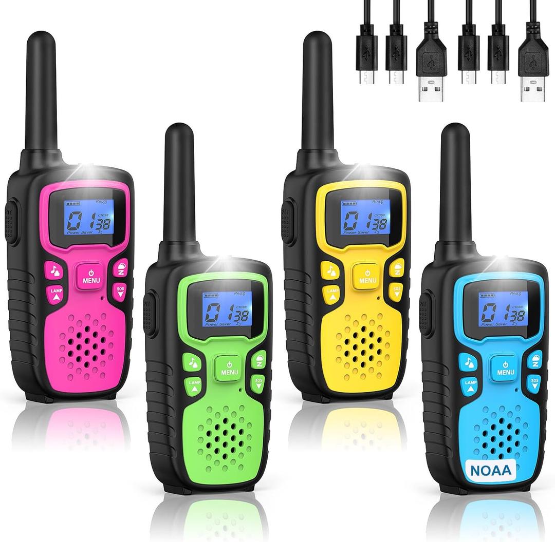 Wishouse Walkie Talkies for Kids Rechargeable Long Range,Xmas Birthday Gift for 4 5 6 7 8 9 Year Old Boys Girls,Hiking Gear Camping Games Cool Toys with NOAA,SOS Siren,Lamp,Lanyards,Easy to Use,4 Pack (Pink Green Yellow Blue)