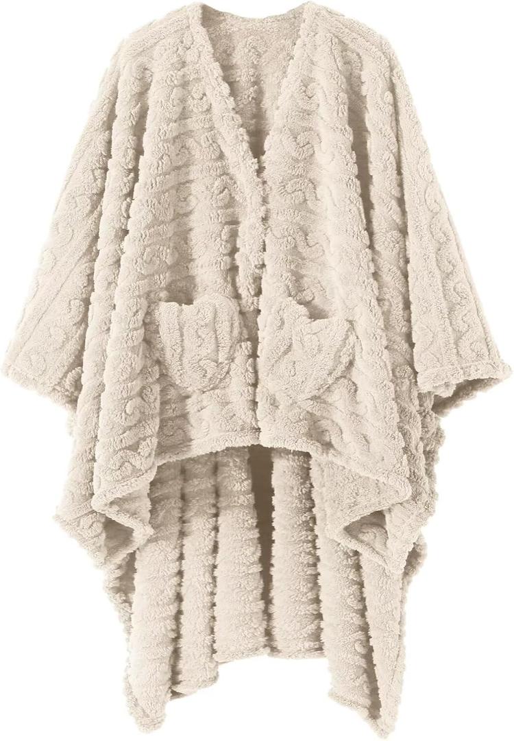 Wearable Blanket Poncho Cape Wrap for Adult, Cozy Sherpa Fleece Pocketed Shawl TV Throw Blankets for Office and Lounge(Ivory,58'' x 64'')