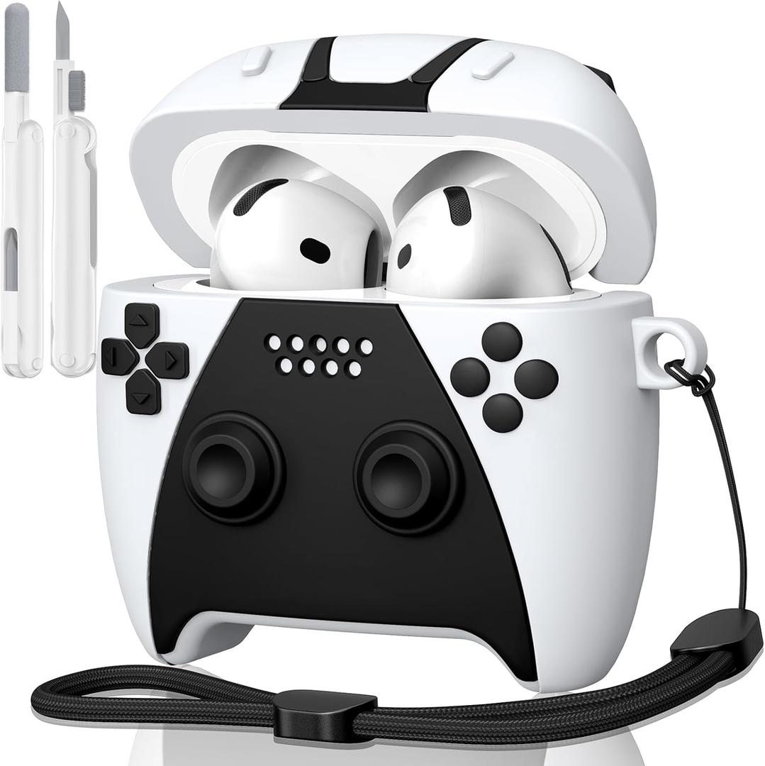 KOREDA for AirPods 4 Case Cover with Cleaner Kit, Cute Funny 3D Game Controller Design Silicone Protective Case with Lanyard for AirPods 4th Generation 2024 (White)