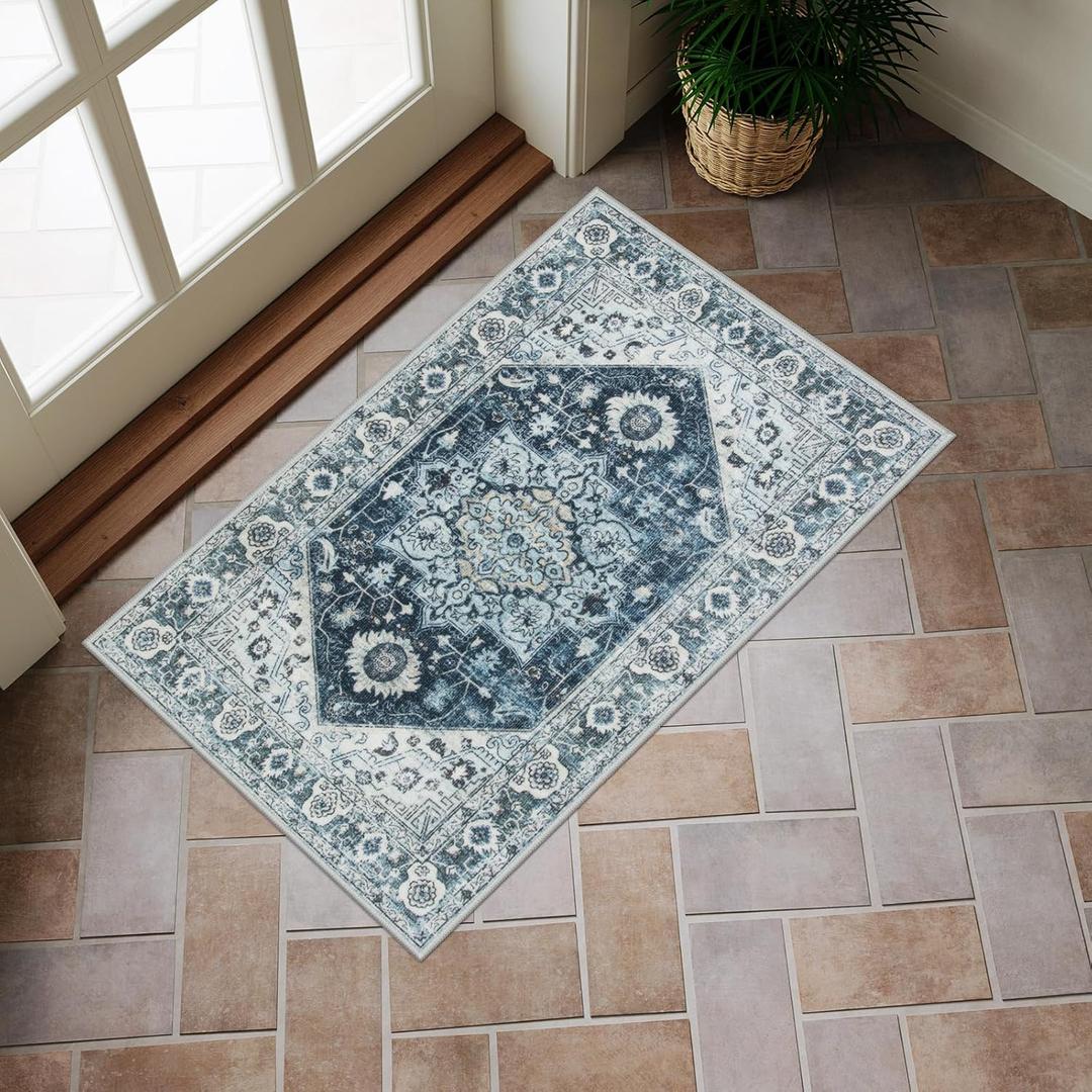 Collive Washable Indoor Doormat, Non Slip Retro Floor Mat 20"x32" Small Rug Quick Absorbent Entrance Rug Distressed Dark Blue/Multi Front Door Mat, Welcome Mats Entryway Doormat for Kitchen Home Patio