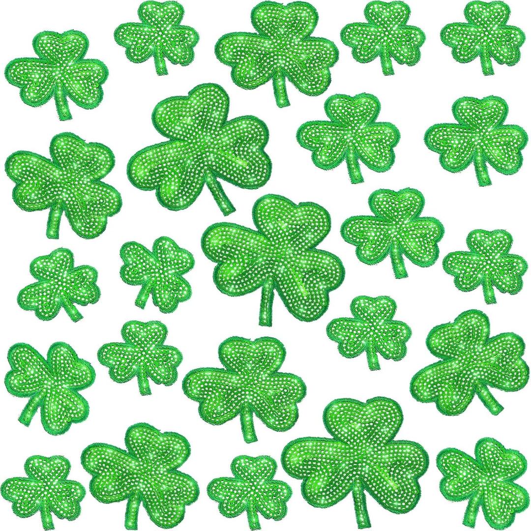 Daifunli 24 Pcs Shamrock Patches Iron on St Patricks Day Sequin Green Gold Pink Irish Clover Patches Bulk 4 Sizes Embroidered Appliques for Clothing Hat Bags Decorations(Classic)