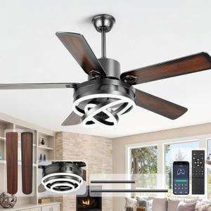 52 Inch Chandelier Ceiling Fans with Lights, Modern Ceiling Fan with Remote Control for Living Room Kitchen, Dimmable, 6 Speed Reversible DC Motor, Dual Finish, Black