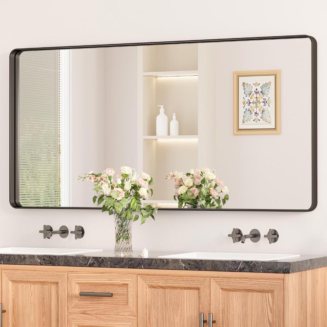 Keonjinn Black Bathroom Mirror for Over Sink, 48 x 24 Inch Large Rounded Rectangle Bathroom Vanity Mirror, Matte Black Sandblasted Finish, Tempered Glass Seamless Aluminum Alloy Frame Full Body Mirror