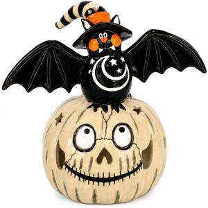 Blue Sky Clayworks Bat On Grey Pumpkin Tealight Holder, 8.5" L x 5.5" W x 8" H