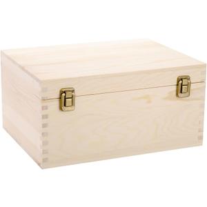 Frcctre Extral Large Unfinished Wooden Box, 13 x 10 x 6.5 inch Natural Unfinished Pine Wood Box with Hinged Lid and Front Clasp for DIY Craft Art Hobbies and Home Storage
