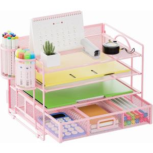 Marbrasse Desk Organizer and Accessories4-Tier Paper File Letter Tray Accessories & Workspace Desk Organizers with Drawer and 2 Pen Holders for School Home Office Supplies(Pink) (9.1" x 12.8" x 9.1")