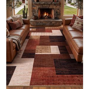 YIHOUSE Modern Washable 8x10 Area Rugs for Living Room, Brown Geometric Patchwork Rug for Bedroom Non Slip, Large Southwestern Tribal Carpet for Playroom Dining Room Home Office Decor