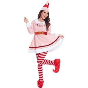 DANBAIEGG Female Elf Costume Set Adult Elf Dress Christmas Cosplay Christmas Party Costume Elf Womens Costume(Pink, XL)