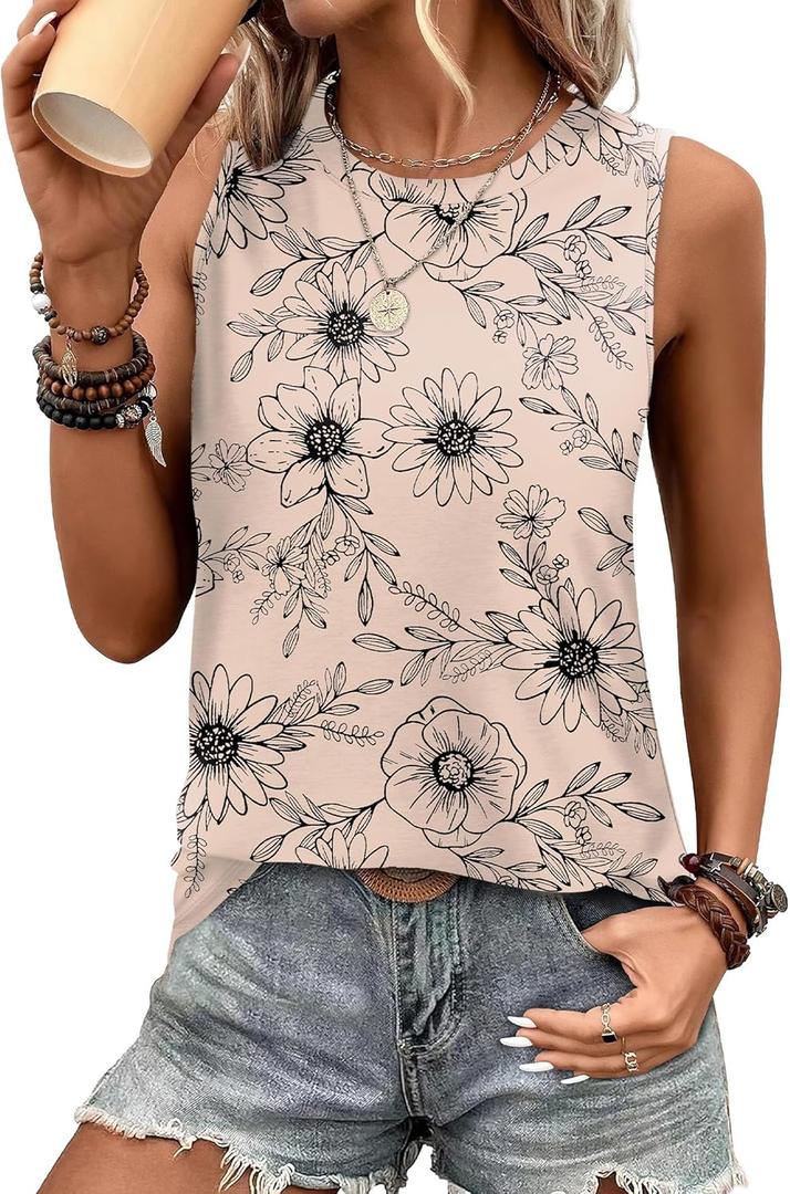 Sampeel Womens Tank Tops Eyelet Loose Casual Summer Tops Crew Neck Basic Sleeveless Shirts Trendy 2026 (XX-Large, Print-beige)
