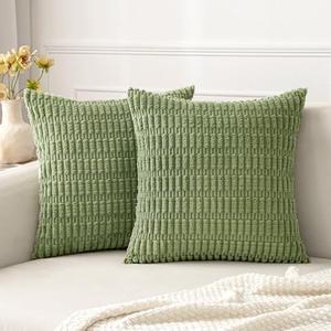 MIULEE Pack of 2 Corduroy Decorative Throw Pillow Covers 18x18 Inch Soft Boho Striped Pillow Covers Modern Farmhouse Home Decor for Summer Sofa Living Room Couch Bed Sage Green