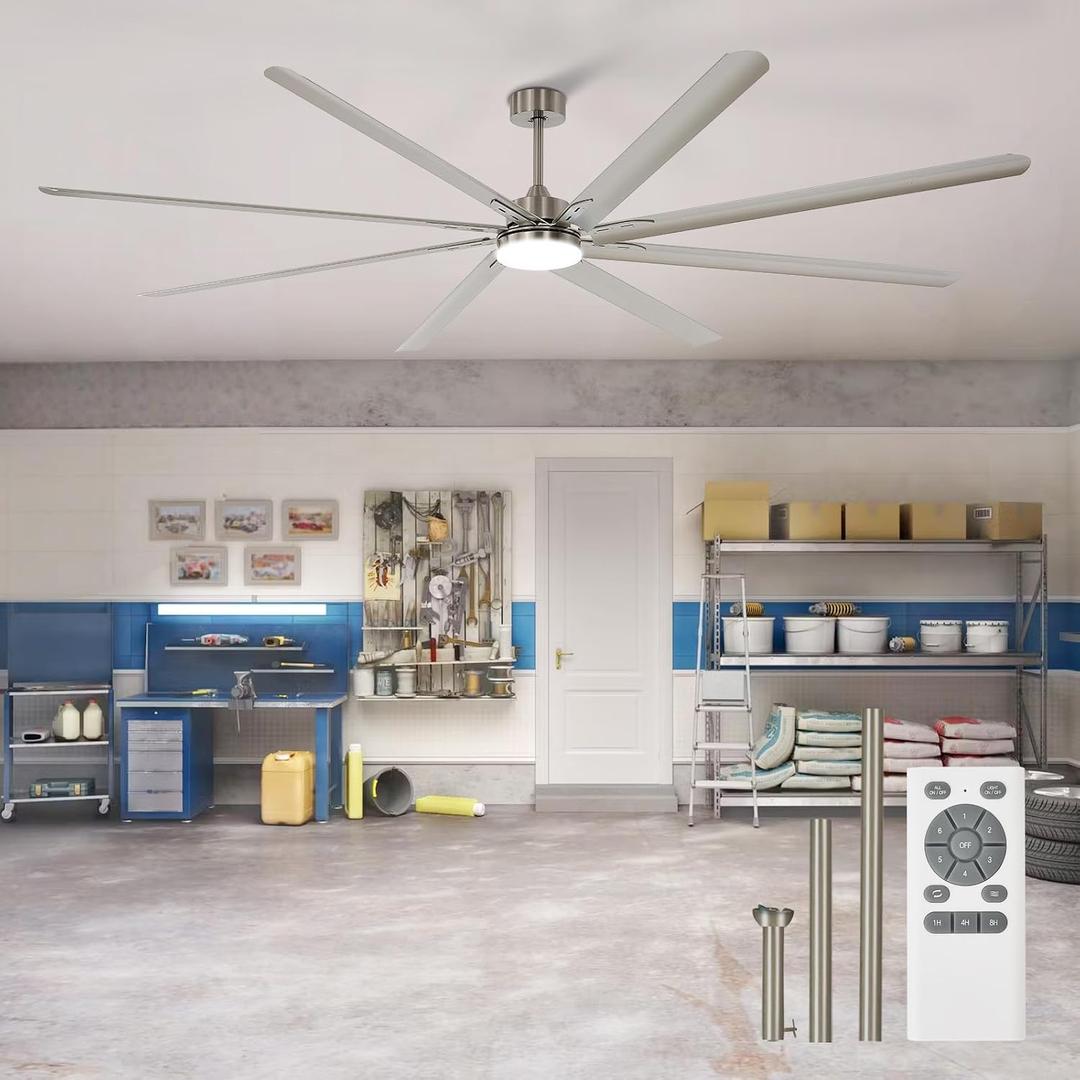 Outdoor Ceiling Fan with Remote: 100 Inch Large Fan - Industrial Ceiling Fan with Light for Patio Shop Garage Brushed Nickel Silver, 100 Inch With Light - 8 Blades