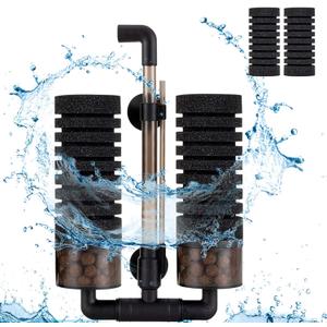 Hygger Sponge Filter, Aquarium Filter Double Sponge Replaceable Media with 4 Biochemical Sponges and 1 Bag of Filtered Ceramic Balls Ultra Quiet Filter Fish Tank (S/M) (M for 15 to 55 Gallon Tank)
