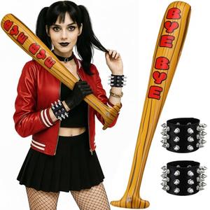 VioraWhite 3 Pcs Halloween Women Jester Costumes Accessory Set Inflatable Baseball Bat Spike Leather Punk Cuff Bracelet Women(Bye Bye)