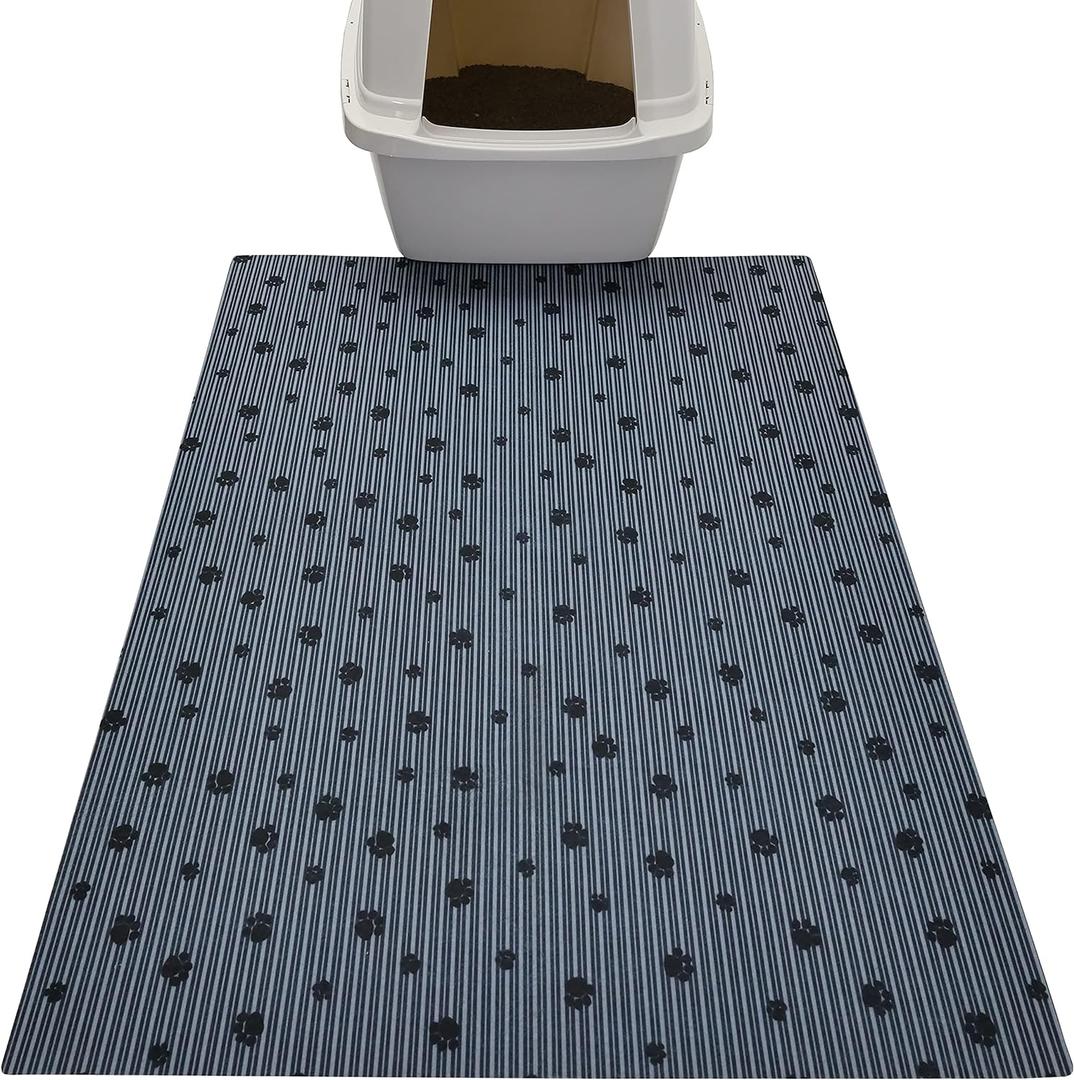 Drymate Original Cat Litter Mat, Contains Mess from Box, Protects Floors, Urine-Proof, Machine Washable, Soft on Kitty Paws, Absorbent, Waterproof (USA Made, Recycled Content) (28x36)(GreyStripePaw) (Grey Stripe Black Paw)