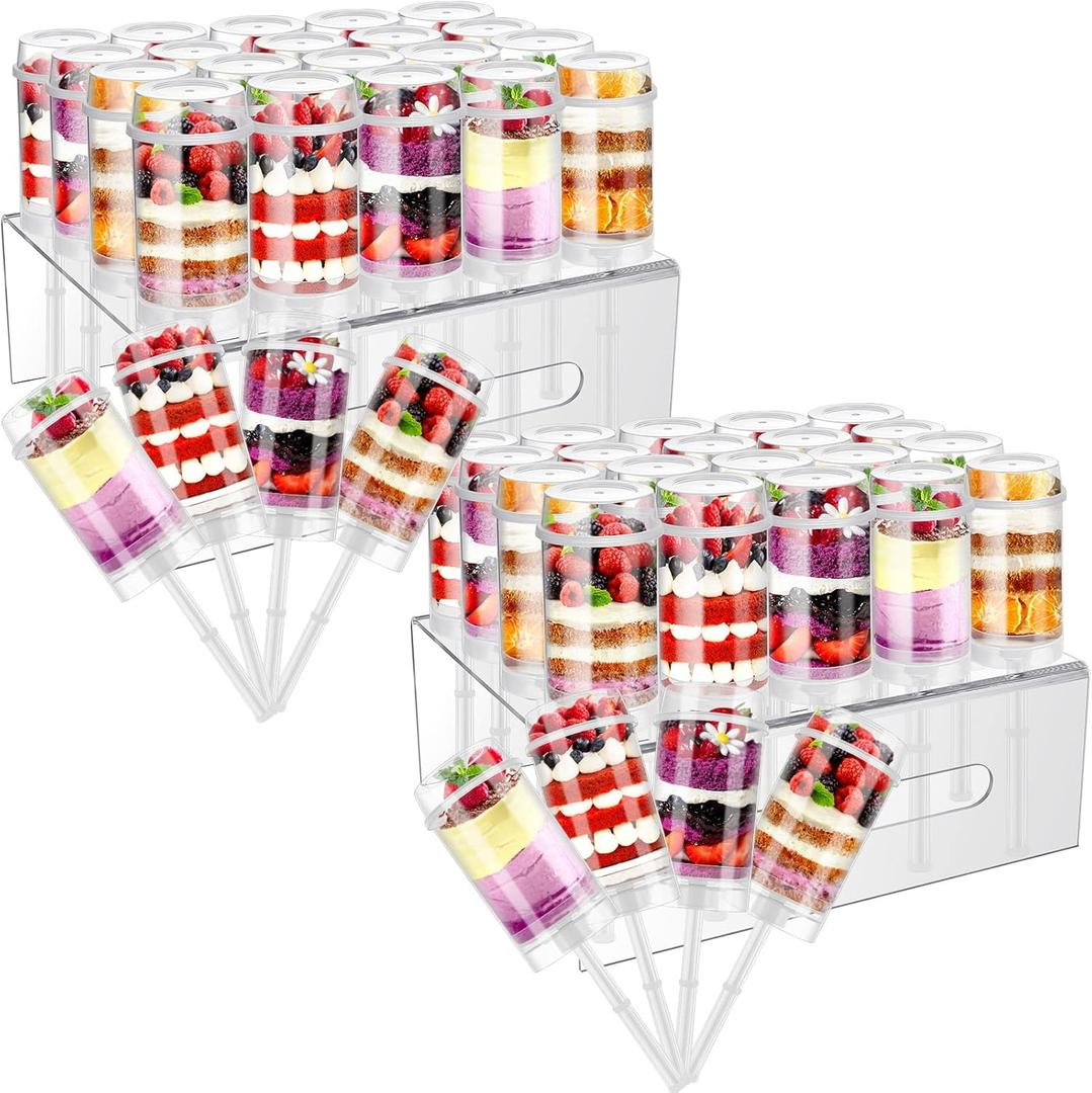Geetery 50 Pcs Push Cake Pop Containers Clear Plastic Acrylic Display Stand Set Includes 2 Pcs 20 Hole Cake Pop Holder with Lids and 48 Containers Shooter Cups for Birthday Weddings