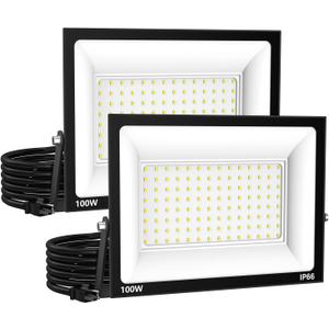 Zelvia LED Flood Lights Outdoor for Yard Work -100W 10000lm Super Bright LED Work Light with US Plug,6500K Daylight White Floodlight,IP66 Waterproof Security Outside Lights for Garage Stadium -2 Pack