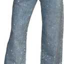 Unybwonn Straight Leg Rhinestone Jeans High Waist Pearl Sparkly Denim Pants (Blue, M)