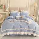 Girls Lace Bedding, Queen Comforter Cover Set, Chic Ruffled Duvet Cover with 2 Layers Ruffle, Princess Style 1 Duvet Cover with 2 Pillowcases, No Comforter-Blue, Queen Size