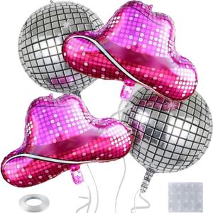 4 Pcs Disco Cowgirl Party Decorations, Silver Disco Ball Balloons Pink Huge Western Cowgirl Hat Foil Balloons for Western Theme Cowgirl Birthday Party Decorations Bachelorette Party Supplies