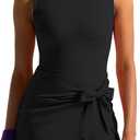 Dokuritu Tennis Dresses for Women Built in Shorts Crew Neck Sleeveless Golf Mini Dress Knot Backless Athletic Rompers (Large, Black)