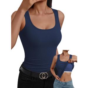 Built in Bra Tank Tops for Women Ribbed Scoop Neck Slim Fit Sleeveless Going Out Summer Tops (Blue, XL)