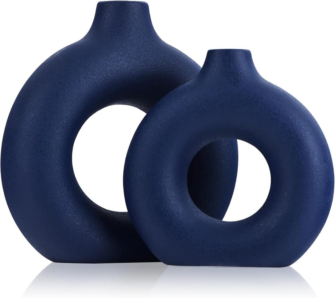 Navy Blue Ceramics Vase for Home Decor,Minimalist Nordic Hollow Donut Vase Set of 2, Modern Navy Blue Decor for Kitchen Table Centerpiece,Living Room,Fire Place,Bookshelf,Office,Entryway,Console