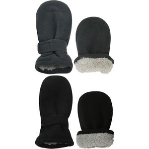 N'Ice Caps Baby Toddler Mittens Kids 2 Pairs Fleece Gloves Winter Warm Sherpa Lined (6-18 Months, Black/Charcoal Pack - Infant No Thumbs)