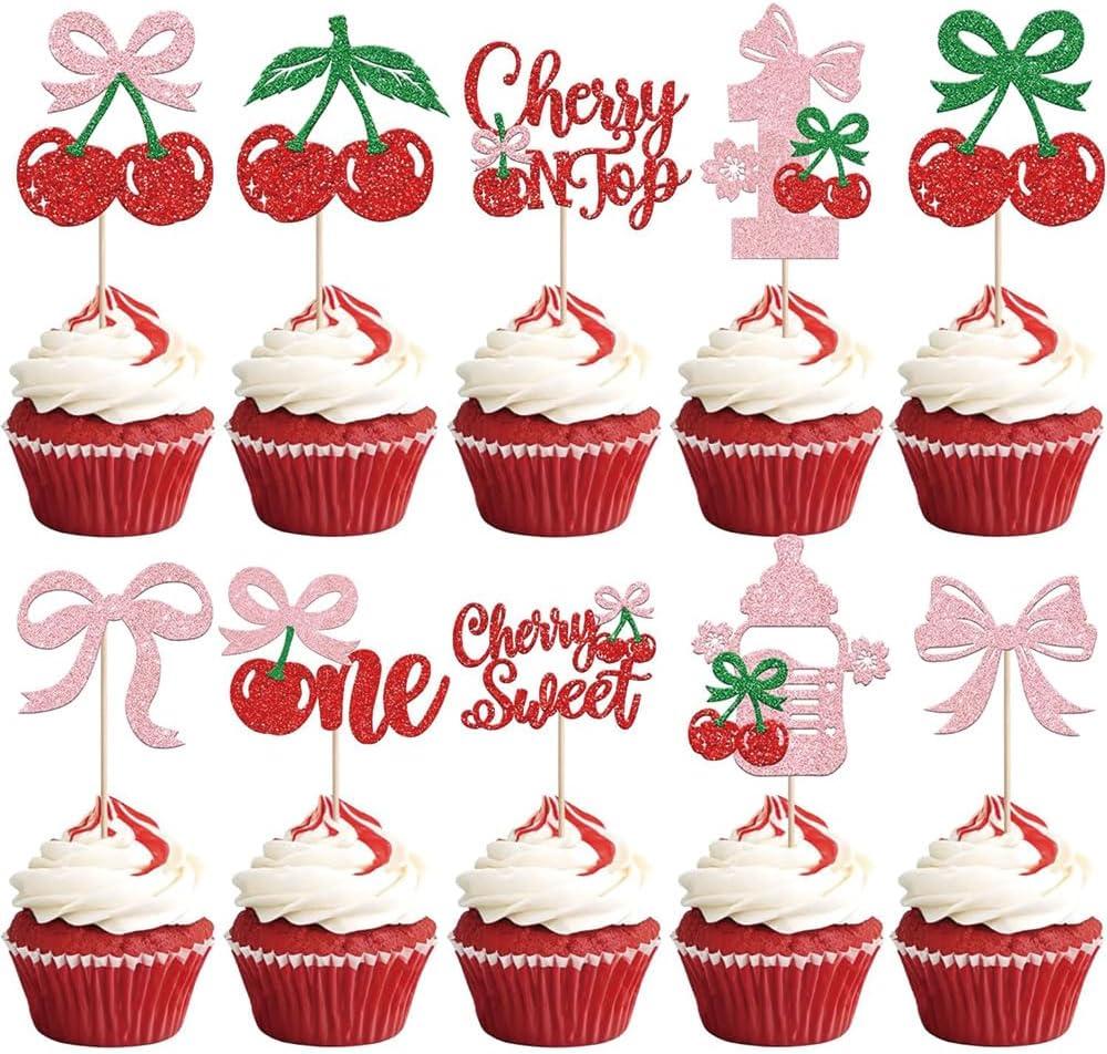 24 Pcs Cherry One Cupcake Toppers Cherry On Top Cupcake Toppers Glitter Sweet Cherry Cupcake Picks Decorations for Fruit Theme Baby Shower Birthday Party Cake Decorations (Design-1)