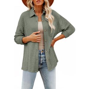 SHEWIN Womens Ribbed Knit Shacket Jacket Casual Long Sleeve Button Down Shirts Loose Sweater Tops Dressy Blouses with Pocket (Large, Mist Green)