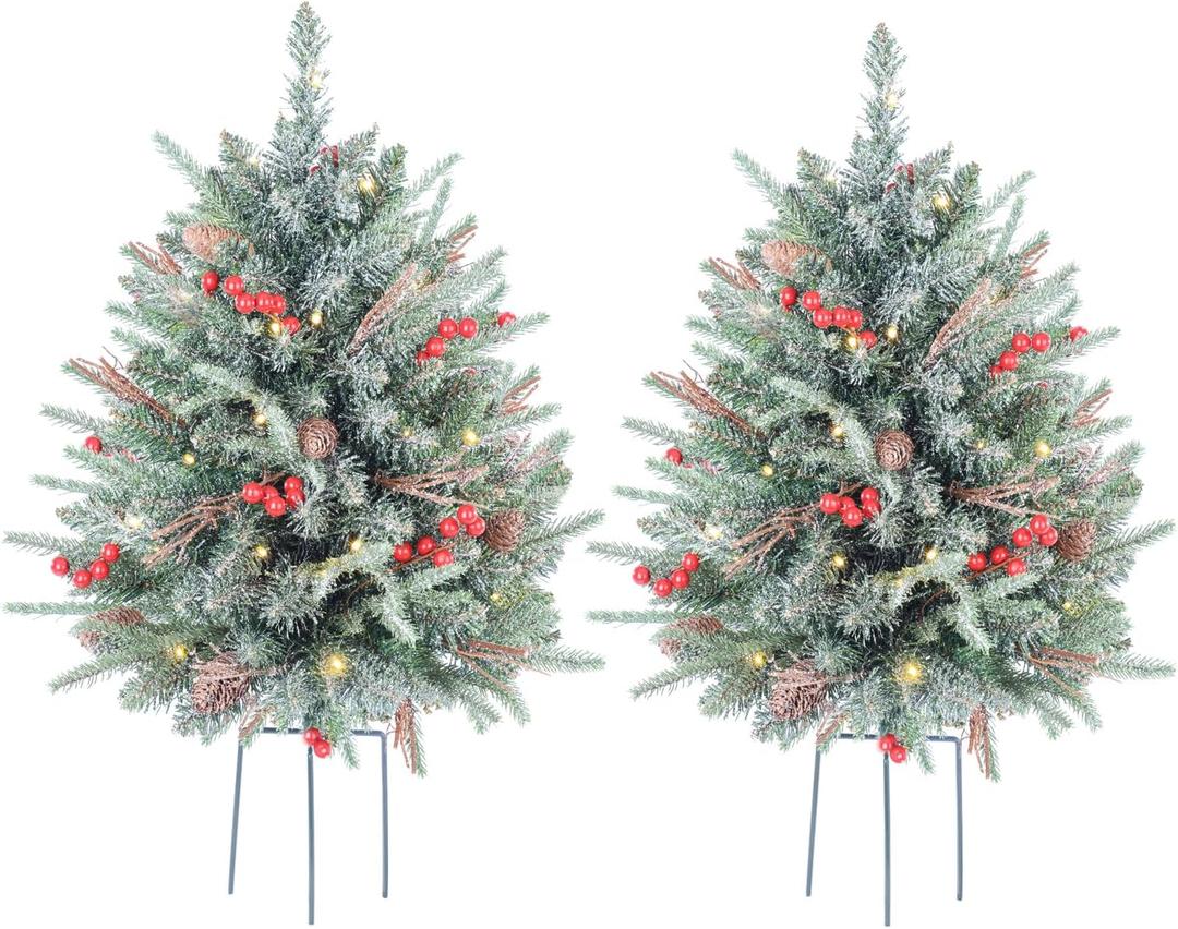 30 Inch Outdoor Prelit Christmas Tree 2 Pack, Battery Operated Flocked Snow Xmas Tree 100 LED Lights, for Entrances Tabletop Ornaments for Porch Driveway Yard Garden