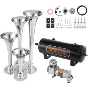 VEVOR Train Horns Kit, 4 Trumpet Air Horn Kit, 150dB Train Horns for Pickup Trucks, 12V 160 psi Air Compressor 2.6 Gal/10 L Tank with Gauge for Any 12V Vehicle Car Truck Train Van Boat (Upgrade)