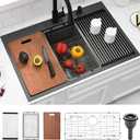 33 Drop In Black Kitchen Sink Workstation, Dorzom 33x22X10 Inches Topmount 16 Gauge Black Stainless Steel Drop In Kitchen Sinks Single Bowl Sink with Workstation and All Accessories