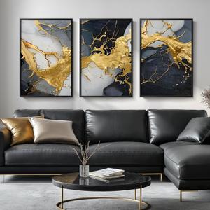 Large Framed Black and White Gold Abstract Wall Art for Living Room, Set of 3 Piece Canvas Paintings Artwork for Walls, Modern Art Prints Pictures for Hallway Office Wall Decor 24x36 Inch (Marble)