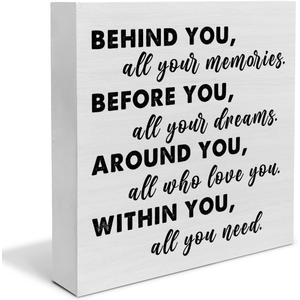 Graduation Quote Wood Box Sign Decor Desk Sign Positive Behind You All Your Memories Wooden Box Block Sign Rustic Home Shelf Wall Decoration Grad Gift (White)