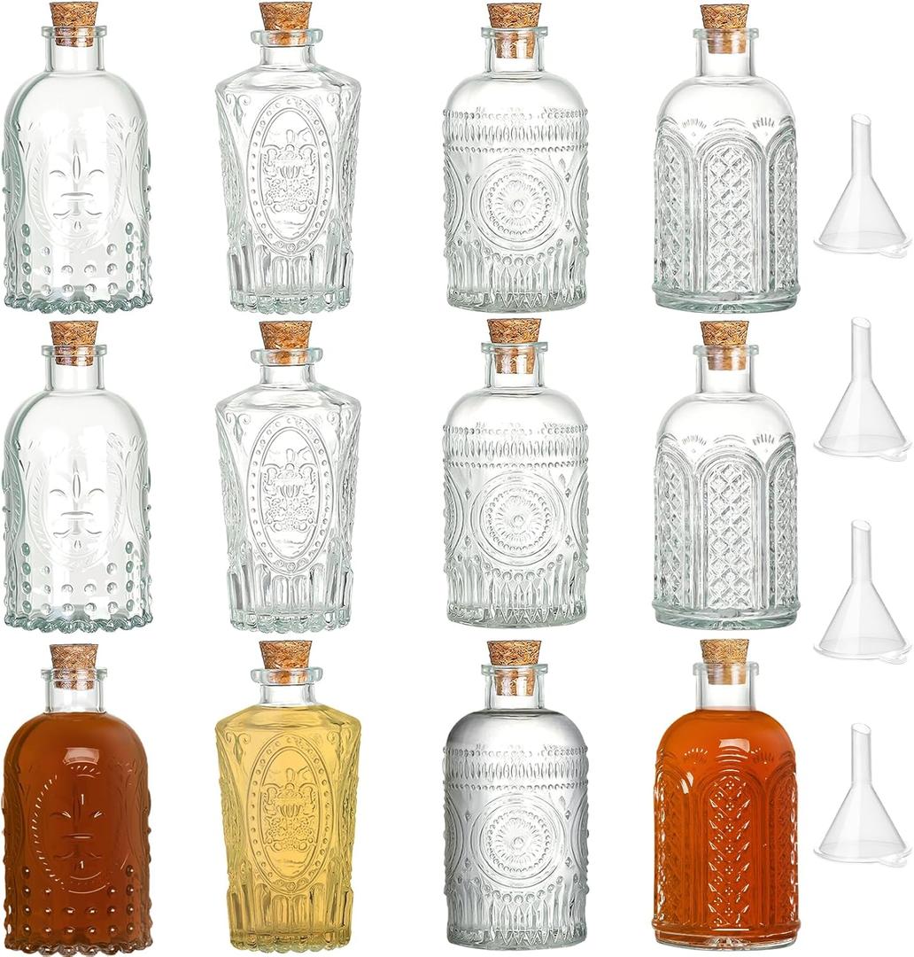 TBWIND Small Glass Bottles with Cork, 12 Pack 6oz/ 200ml Clear Glass Bottles, Assorted Vintage Embossed Designs 4 Patterns, Mini Bottles for Wedding Favors, Vanilla Extract, Oil & Vinegar