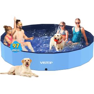 VISTOP Jumbo Foldable Dog Pool, Hard Plastic Shell Portable Swimming Pool for Dogs Cats and Kids Pet Puppy Bathing Tub Collapsible Kiddie Pool (97inch.D x 15.7inch.H, Blue)