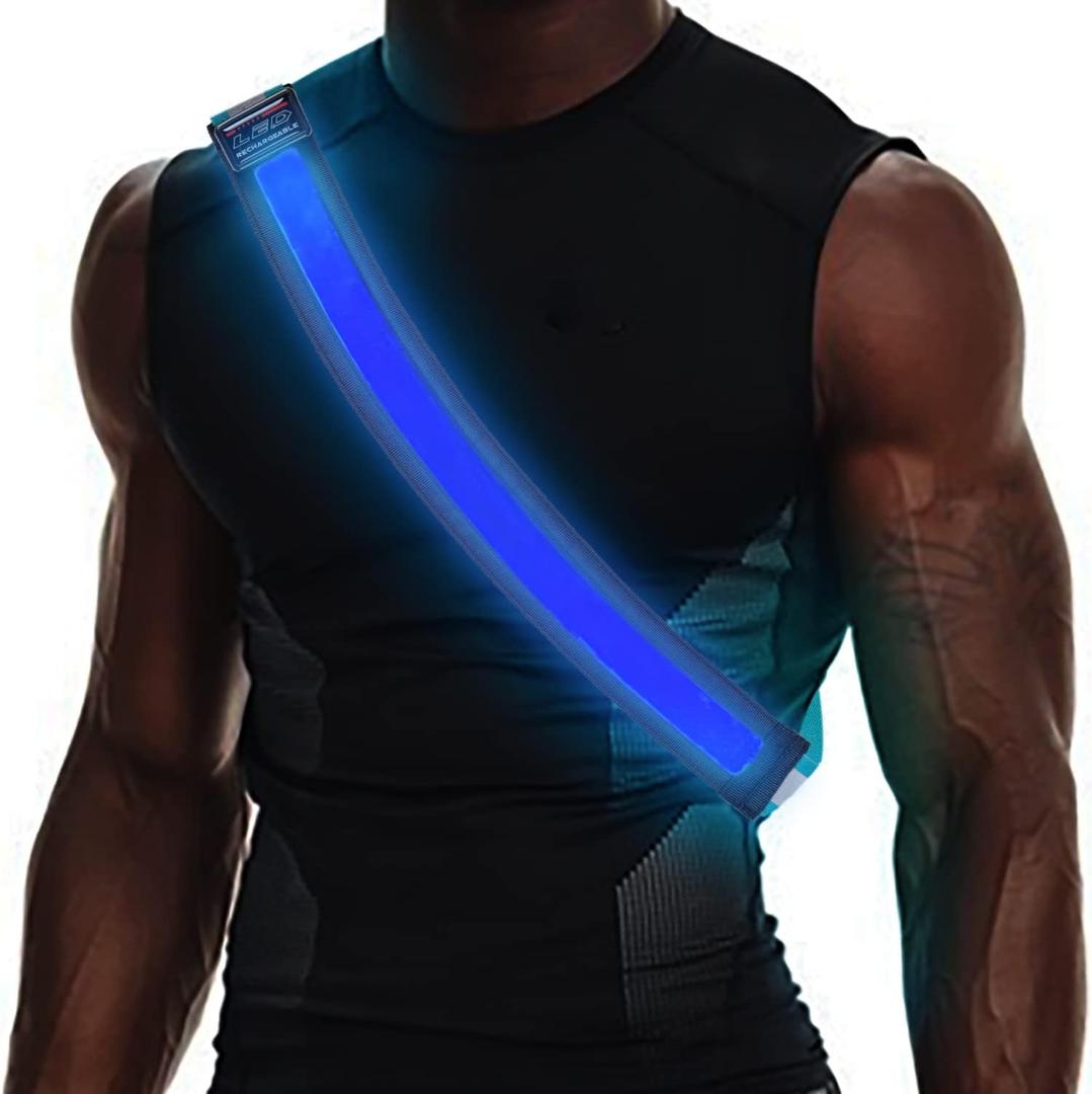 LED Reflective Running Gear,High Visibility Reflective Belt Sash with Safety Light,USB Rechargeable Adjustable Size Night Accessories for Night Outdoor Running (Blue)