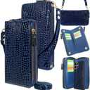 Harryshell Compatible with Samsung Galaxy S25 Ultra Case Wallet Detachable Phone Cover Dual Zipper [11 Card Slots] with [ RFID Blocking ] Crossbody Wrist Strap (Crocodile Deep Blue)