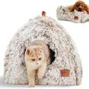 CATISM Cat Bed, Cat Cave for Indoor Cats, Soft Cat Dome, Self-Warming 2 in 1 Foldable Pet Cat House with Washable Cushioned Pillow Calming Fluffy Dog Beds for Small Dogs with Anti-Slip Bottom Brown