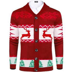 COOFANDY Men's Christmas Cardigans Ugly Xmas Sweaters Reindeer Snowflake Shawl Collar Knitted Cardigan Sweater (Medium)
