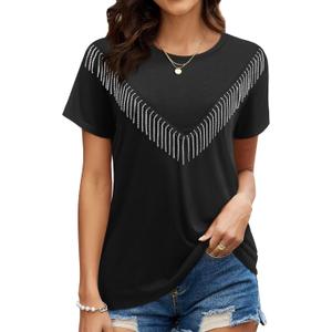 Womens Sparkly Rhinestone Fringe Tshirts Western Glitter Tassel Country Concert Outfits Sparkle Disco Cowgirl Tops, M