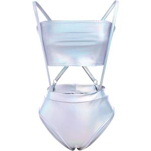 Women Shiny Metallic Bandeau Top + Suspender Hot Shorts Sexy Holographic Metallic Set Rave Outfit Sexy Bikini Clubwear (Laser Silver) Women Shiny Metallic Bandeau Top + Suspender Hot Shorts Sexy Holographic Metallic Set Rave Outfit Sexy Bikini Clubwear (Laser Silver)
