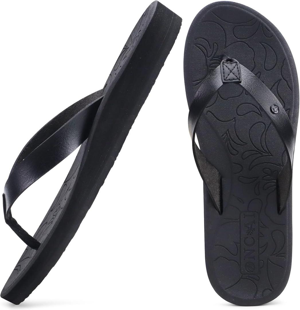 ONCAI Women's Flip Flops Comfortable Arch Support Yoga Mat Summer Beach Walking Thong Cushion Sandals Ladies Outdoor Vacation Essentials Slide Shoes Rubber Soles US Size 5-11 (Black)