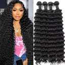 12A Deep Wave Human Hair Bundles 24 26 28 30 Inch 100% Unprocessed Deep Curly Bundles Human Hair Black Women Double Weft Wet and Wavy Hair Natural Color