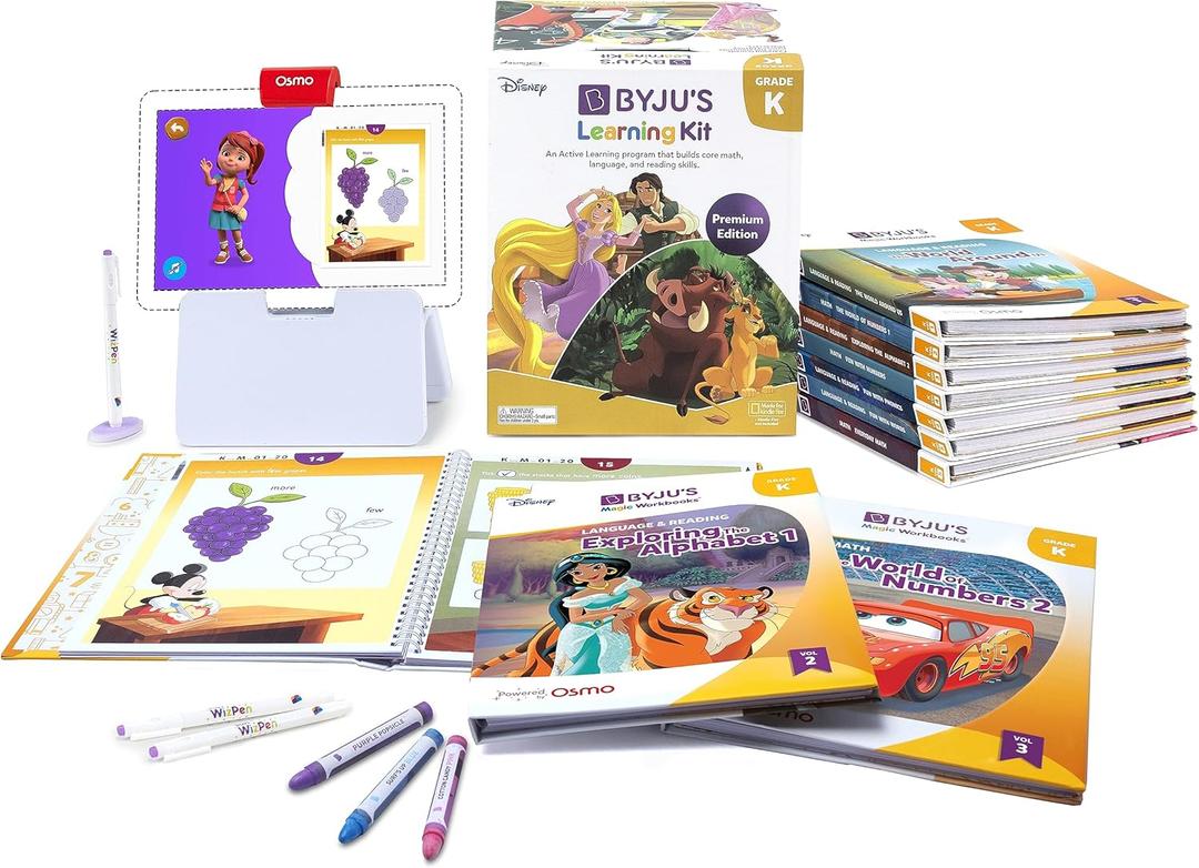 BYJUS Learning Kit: Disney, Kindergarten Premium Edition (App + 10 Workbooks) Ages 4-6 - Featuring Disney & Pixar Characters - Learn Letter Sounds, Sight Words & Numbers - Osmo Fire base included