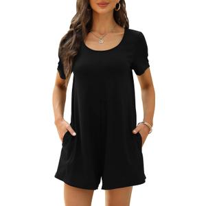 Womens Summer Casual Short Sleeve Romper Crewneck Shorts Overalls Jumpsuit with Pockets Outfits 2025 (Large, Black-1)