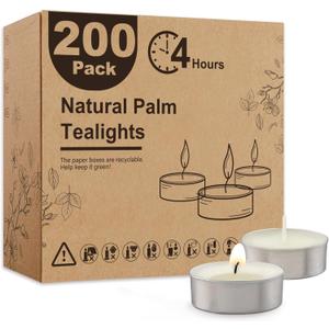 Unscented Palm Tea Lights Candles 200 Pack Bulk, 4.5 Hours Long Burning White Tea Lights,Non-Paraffin, Smokeless, Mini Tealight Candles for Wedding, Christmas Lights, Party, Power Outages