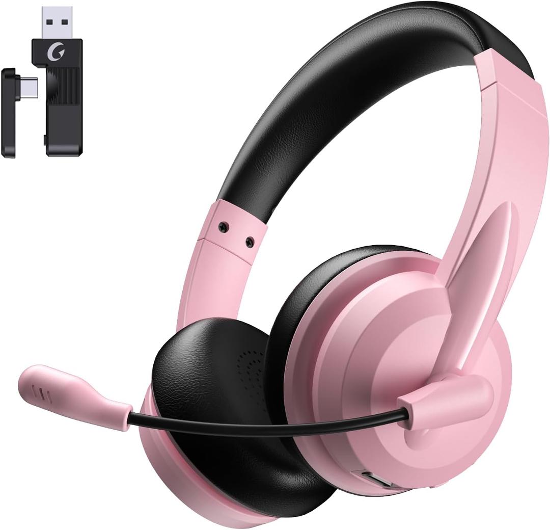Wireless Headset with Mic for Work with AI Noise Cancelling Mic for Clear Calls, Bluetooth V5.3 Headphones with Microphone to USB A/C Dongle & Mic Mute for Computer Laptop PC iPhone (Pink Black)