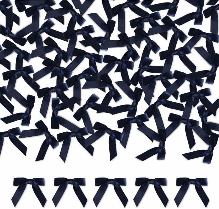 100 Pcs Mini Navy Satin Ribbon Bows with Tape 1.5 Inch Self Adhesive Craft Bows Flowers Appliques DIY Craft for Sewing, Scrapbooking, Wedding, Gift,Christmas Decoration (Navy)